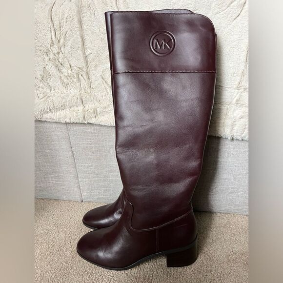 MICHAEL KORS WOMEN‎ DYLYN MK LOGO LEATHER MAROON KNEE BOOTS, SIZE 9.5 - Picture 1 of 10